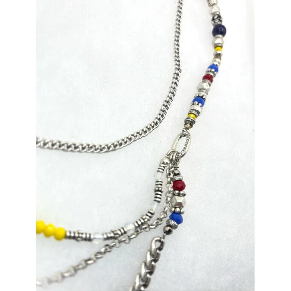 Premier Designs Multi-Strand Silver Necklace with Yellow, Blue & Red Beads